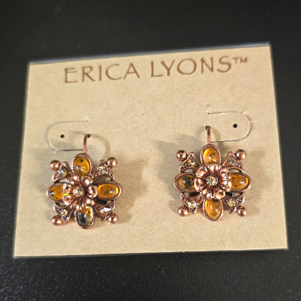 Erica Lyons Rose Gold Tone Flower Dangle Hook Earrings Clear Rhinestone